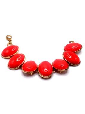 Women Red Oval Bezel Set Cabochon Resin Stones Gold Tone Link Statement Bracelet
